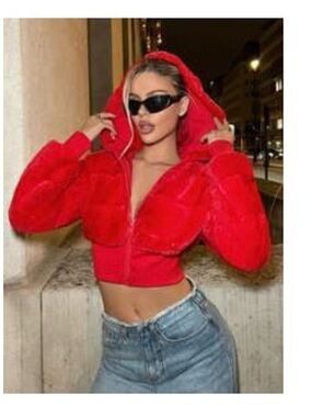 SHEIN Red Cropped Hooded Puffer Jacket